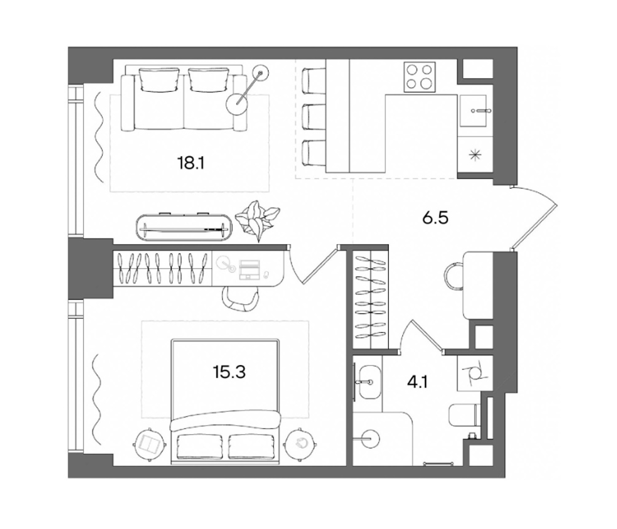 2-комн., 44 м², 40/50 этаж, ЖК «СТОУН Блик»