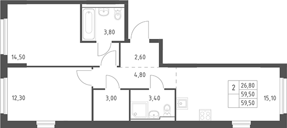 3-комн., 59.5 м², 15/20 этаж, ЖК «Химки Парк»