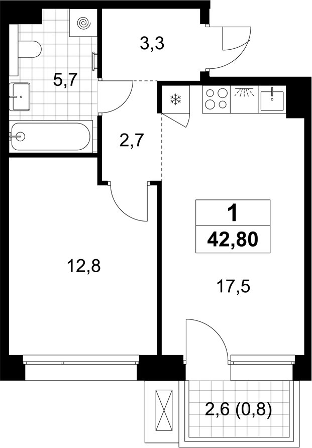 2-комн., 42 м², 4/6 этаж, ЖК «Хольм»