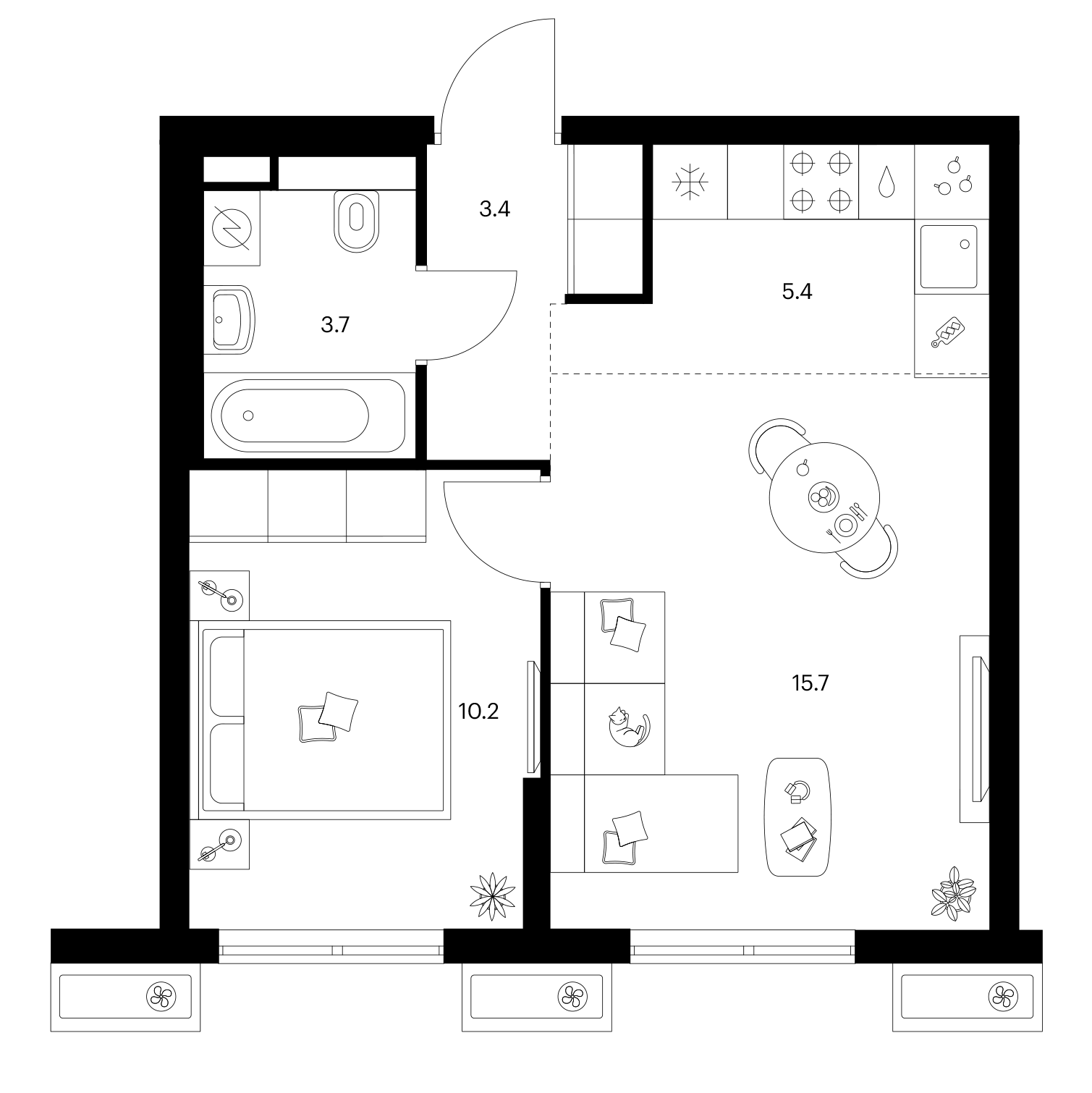 1-комн., 38.4 м², 24/25 этаж, ЖК «Ярославский»