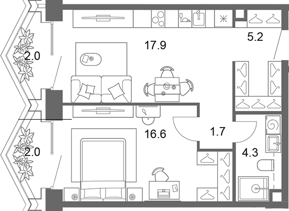 2-комн., 45.7 м², 6/13 этаж, ЖК «ОМ Ботанический»