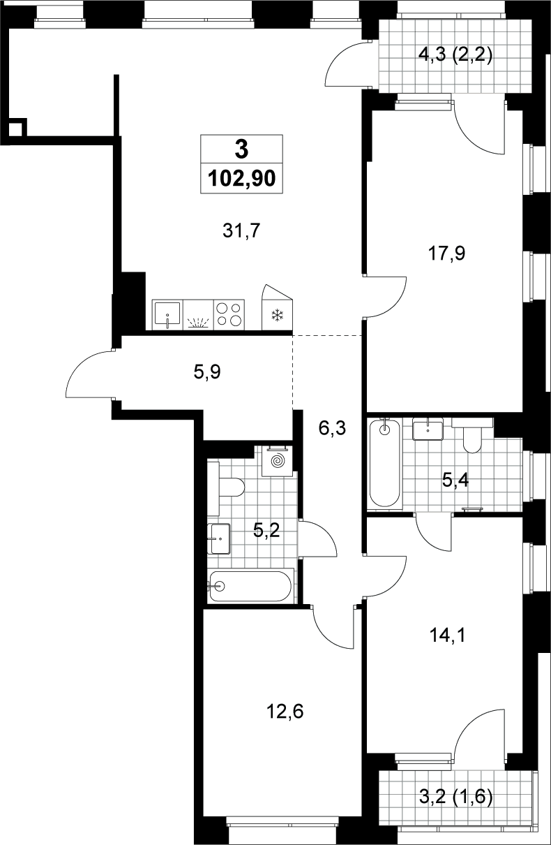 4+ комнаты, 99.1 м², 15/15 этаж, ЖК «Хольм»
