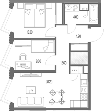 2-комн., 54.4 м², 46/54 этаж, ЖК «Северный Порт»