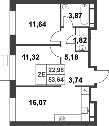 2-комн., 53.64 м², 11/16 этаж, ЖК «Смарт Гарден»