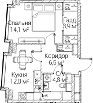 1-комн., 41.3 м², 2/12 этаж, ЖК «СЕЗАР БУДУЩЕЕ»