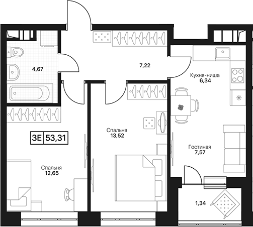 3-комн., 51.97 м², 4/13 этаж, ЖК «Пушкино Град»