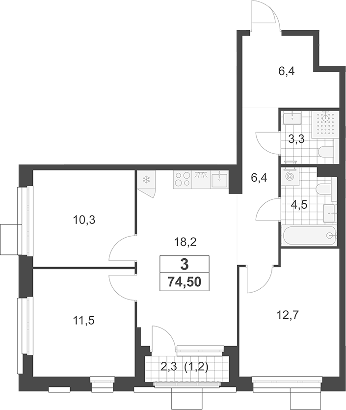 4+ комнаты, 73.3 м², 6/19 этаж, ЖК «Южные сады»