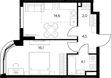 1-комн., 41.5 м², 34/43 этаж, ЖК «Адмирал»