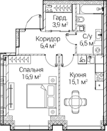 1-комн., 48.77 м², 16/41 этаж, ЖК «СЕЗАР БУДУЩЕЕ»