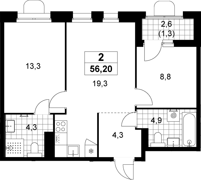 3-комн., 54.9 м², 11/14 этаж, ЖК «Прокшино»