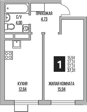 1-комн., 37.31 м², 10/12 этаж, ЖК «Гранель Мытищи»