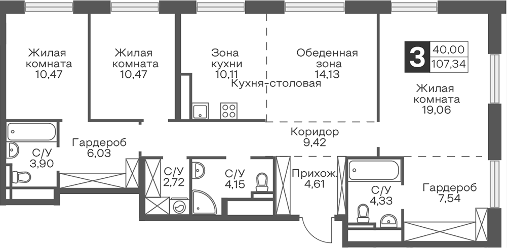 3-комн., 107.34 м², 22/31 этаж, ЖК «Гранель Тринити»