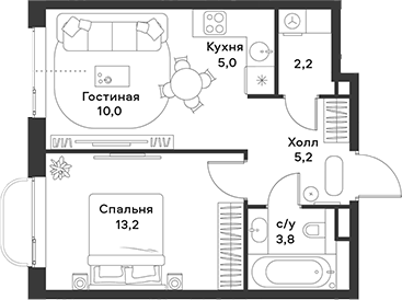 2-комн., 39.4 м², 4/15 этаж, ЖК «АЛИА»