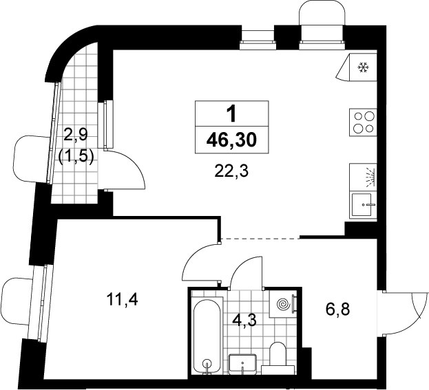 2-комн., 44.8 м², 11/14 этаж, ЖК «Прокшино»