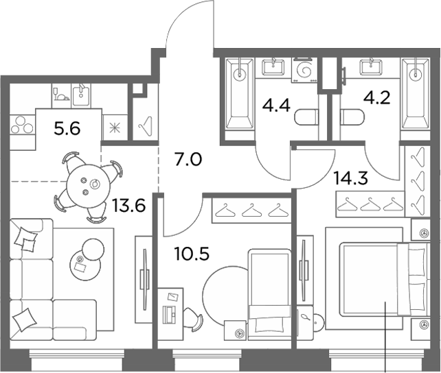 3-комн., 59.6 м², 3/6 этаж, ЖК «Станиславский»