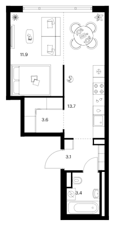 1-комн., 35.7 м², 11/29 этаж, ЖК «Москворечье»