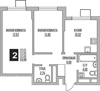 2-комн., 53.08 м², 8/12 этаж, ЖК «Гранель Мытищи»