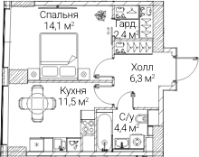 1-комн., 38.08 м², 7/60 этаж, ЖК «СЕЗАР БУДУЩЕЕ»