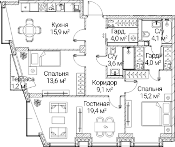 3-комн., 88.9 м², 35/41 этаж, ЖК «СЕЗАР БУДУЩЕЕ»