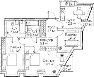 3-комн., 70.5 м², 56/60 этаж, ЖК «СЕЗАР БУДУЩЕЕ»