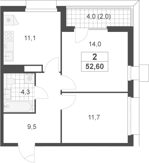 2-комн., 50.6 м², 14/17 этаж, ЖК «Скандинавия»