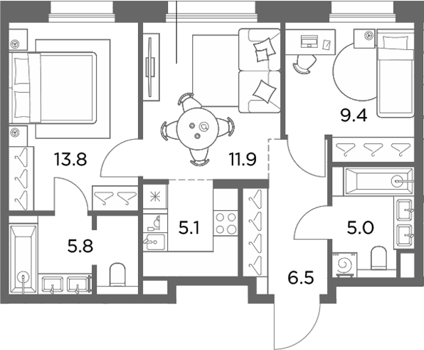 3-комн., 57.5 м², 3/6 этаж, ЖК «Станиславский»