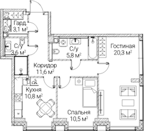 2-комн., 65.7 м², 30/41 этаж, ЖК «СЕЗАР БУДУЩЕЕ»