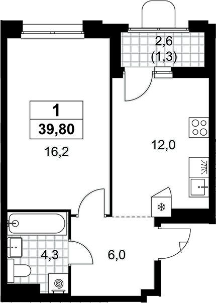 1-комн., 38.5 м², 13/16 этаж, ЖК «Прокшино»