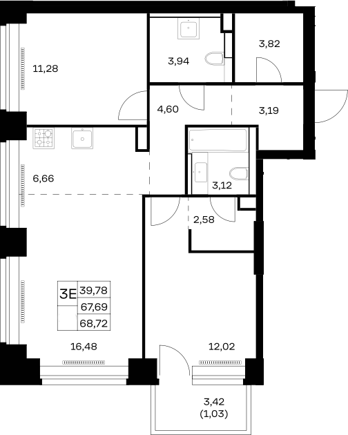 3-комн., 67.69 м², 12/32 этаж, ЖК «НОВА»