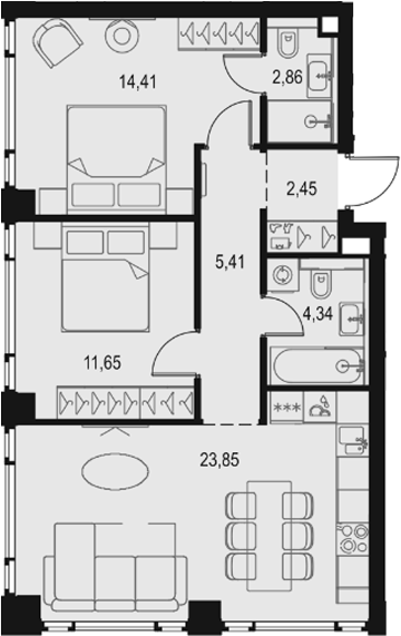 3-комн., 64.97 м², 28/29 этаж, ЖК «Левел Павелецкая Сити»