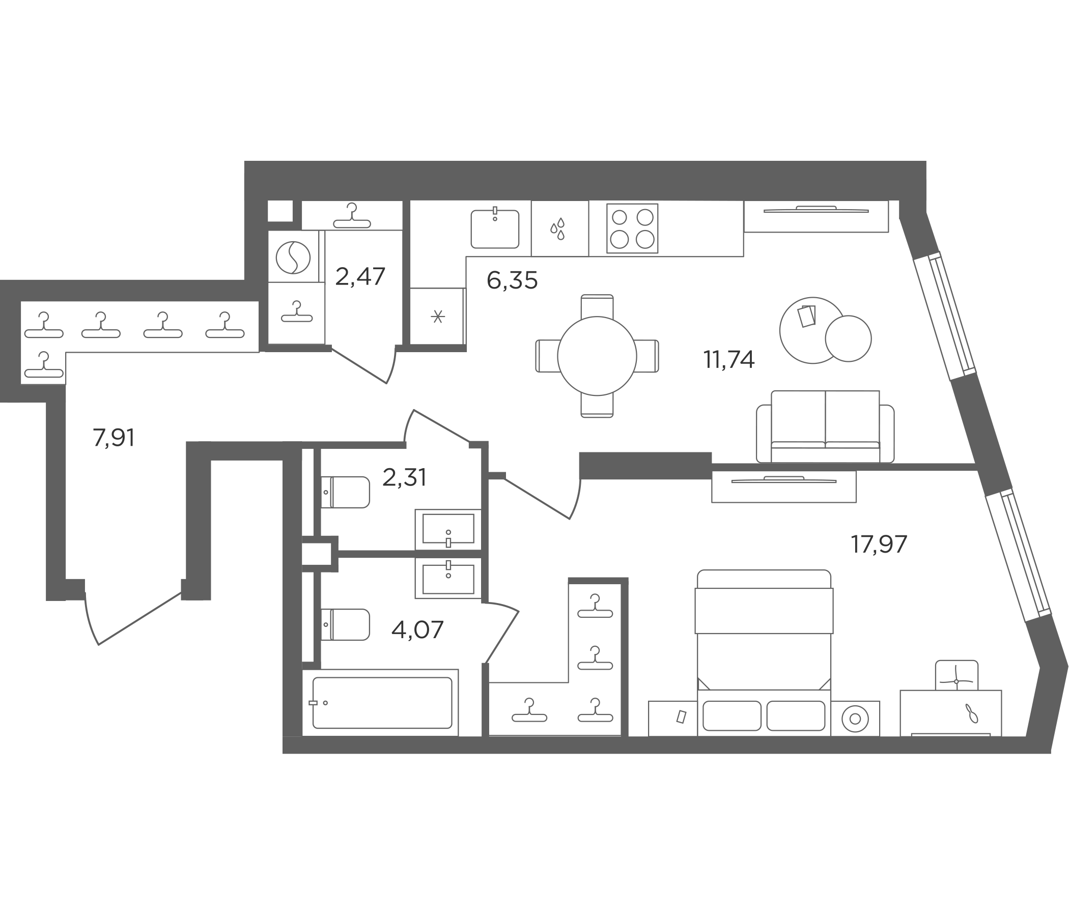 2-комн., 52.82 м², 18/30 этаж, ЖК «Сикрет Гарден»
