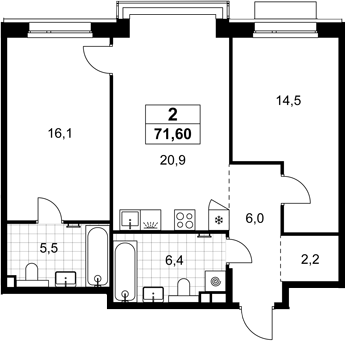 3-комн., 71.6 м², 6/8 этаж, ЖК «Хольм»