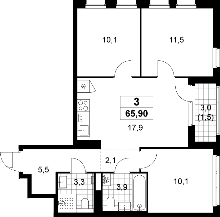 4+ комнаты, 64.4 м², 11/12 этаж, ЖК «Деснаречье»