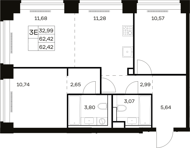 3-комн., 62.42 м², 3/12 этаж, ЖК «НОВА»