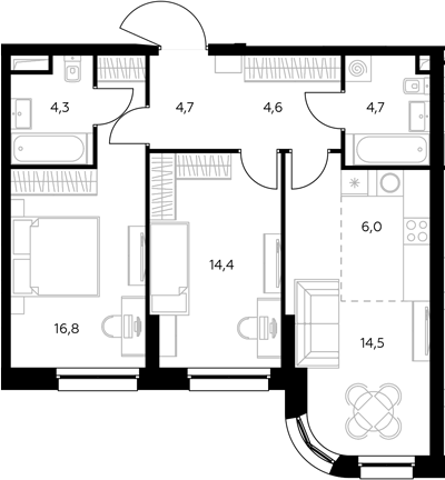 3-комн., 71.1 м², 39/43 этаж, ЖК «Адмирал»