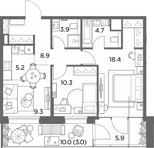 3-комн., 66.6 м², 1/6 этаж, ЖК «Станиславский»