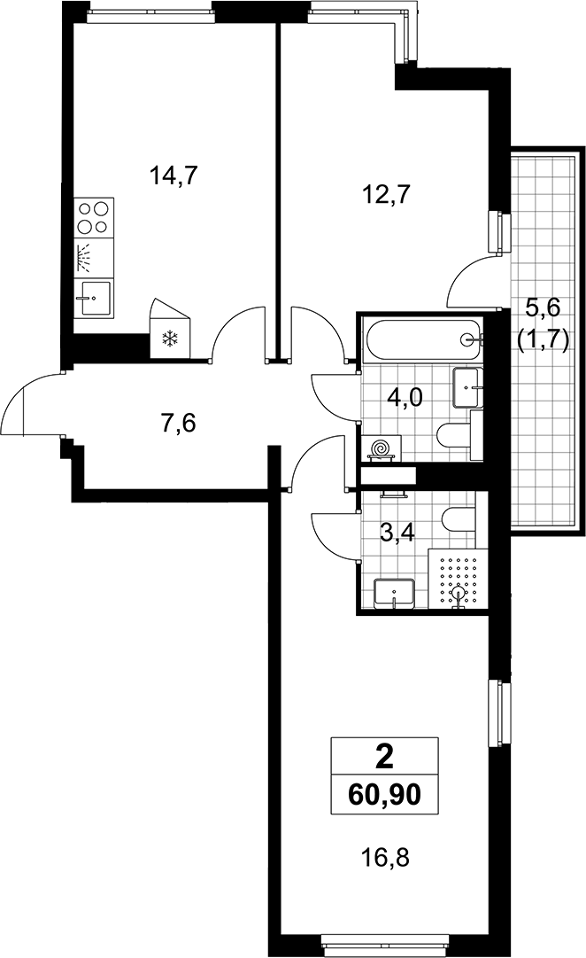 2-комн., 59.2 м², 12/12 этаж, ЖК «Деснаречье»