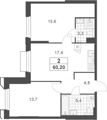 3-комн., 60.2 м², 10/23 этаж, ЖК «Южные сады»