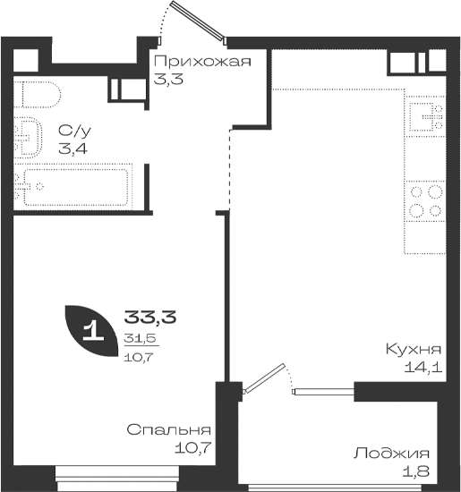 1-комн. квартира, 31.5 м² в ЖК Ботаника — фото 2