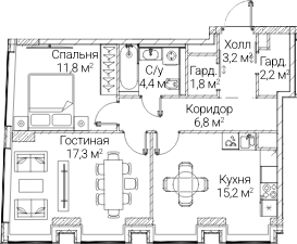 2-комн., 62.57 м², 55/60 этаж, ЖК «СЕЗАР БУДУЩЕЕ»