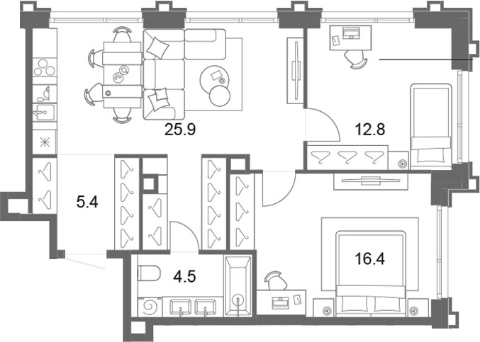 3-комн., 65 м², 15/19 этаж, ЖК «ОМ Ботанический»