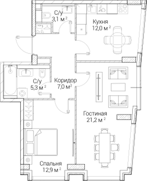 2-комн., 61.32 м², 4/6 этаж, ЖК «СЕЗАР БУДУЩЕЕ»