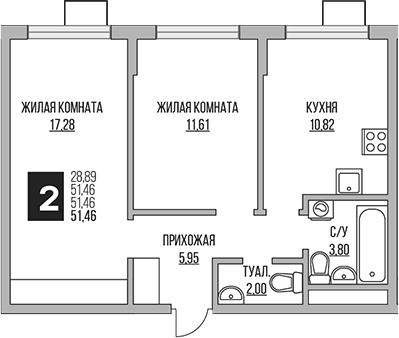 2-комн., 51.46 м², 12/12 этаж, ЖК «Гранель Мытищи»