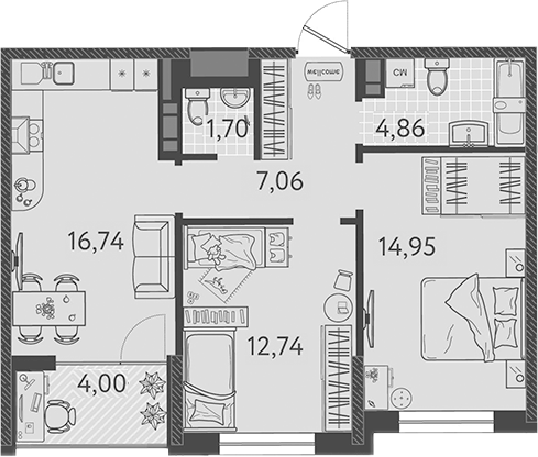 3-комн. квартира, 58.05 м² в ЖК Друзья — фото 2