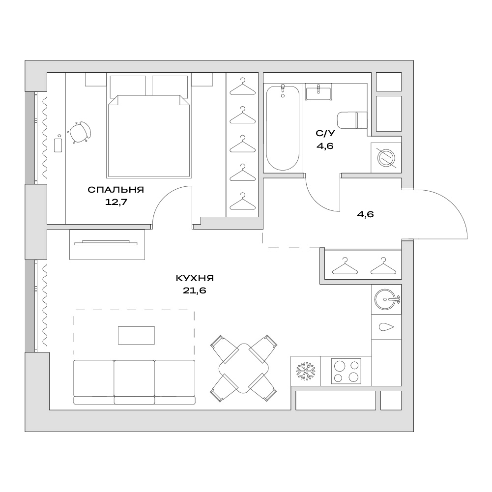2-комн., 43.5 м², 19/22 этаж, ЖК «Детали»