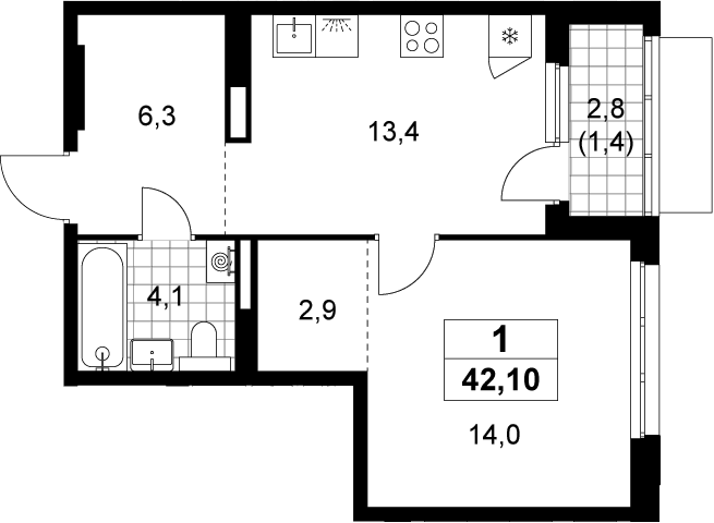 1-комн., 40.7 м², 14/19 этаж, ЖК «Деснаречье»
