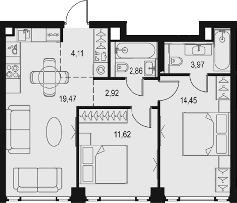 3-комн., 59.4 м², 25/29 этаж, ЖК «Левел Павелецкая Сити»