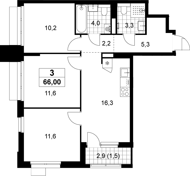 3-комн., 64.5 м², 21/22 этаж, ЖК «Деснаречье»