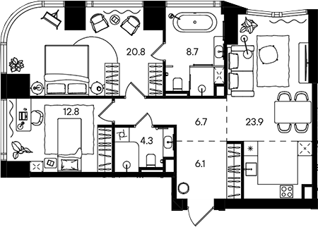 3-комн., 83.3 м², 20/50 этаж, ЖК «СТОУН Блик»