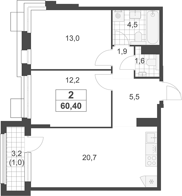 3-комн., 59.4 м², 17/19 этаж, ЖК «Южные сады»